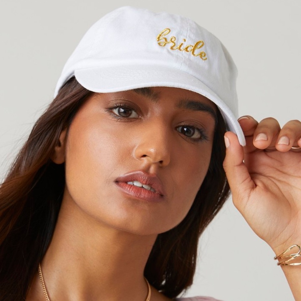 Francesca's Collections White and Gold Embroidered Bride Baseball Hat